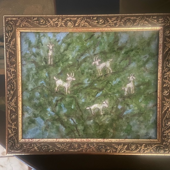 Framed Painting of Goats in Trees